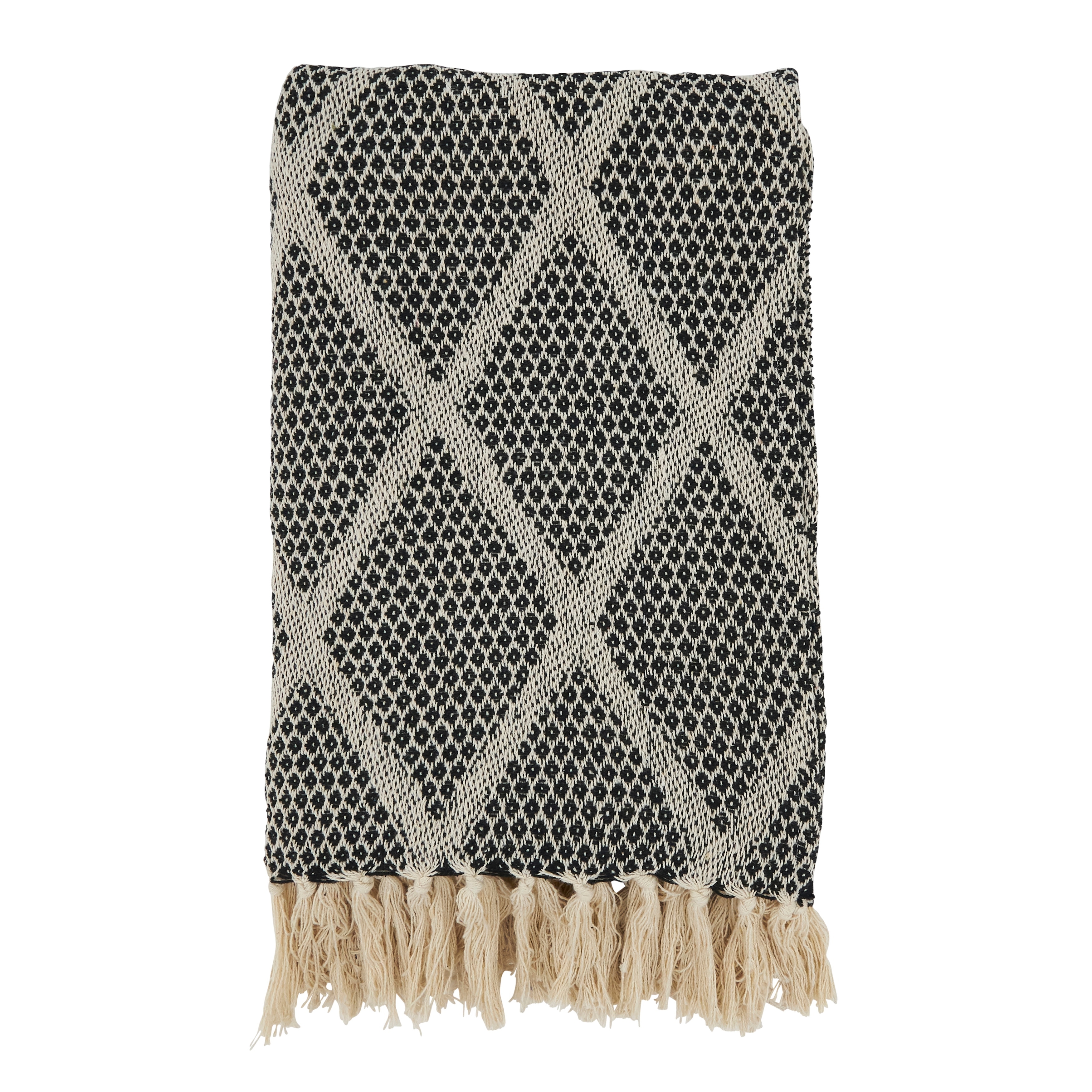 Diamond-Patterned Knit Fringed Throw