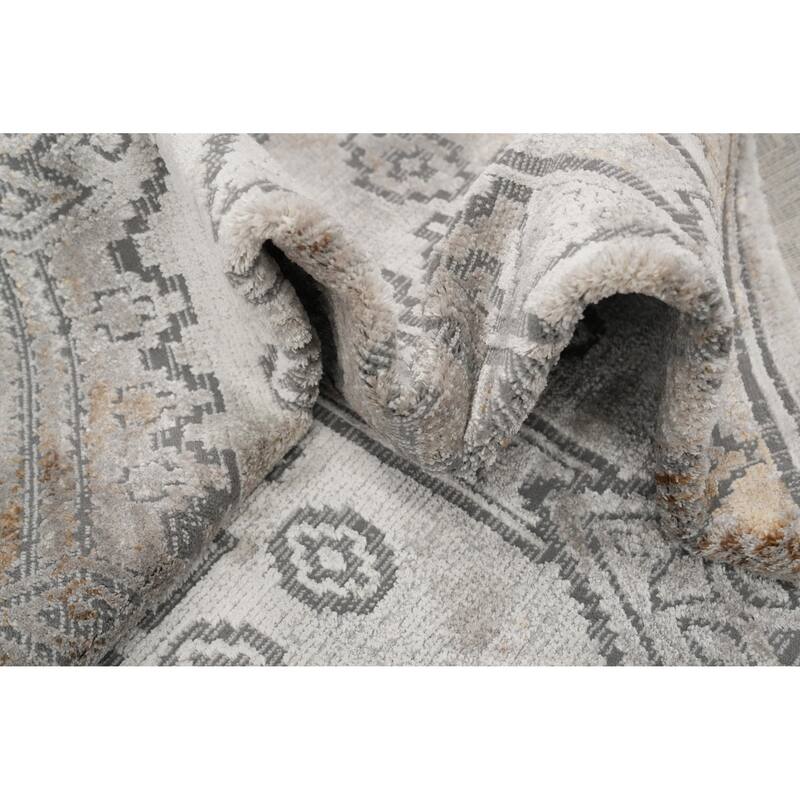 Machine Made Oriental Polyester Carpet Geometric Greys & Charcoal Distressed Area Rug - 7' 5'' X 5' 2''