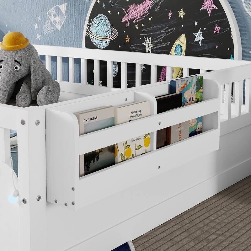 Montessori-Style Floor Bed with High Safety Rails‌ – Wooden Toddler Bed Featuring Built-In Storage Shelf and Soft Lighting