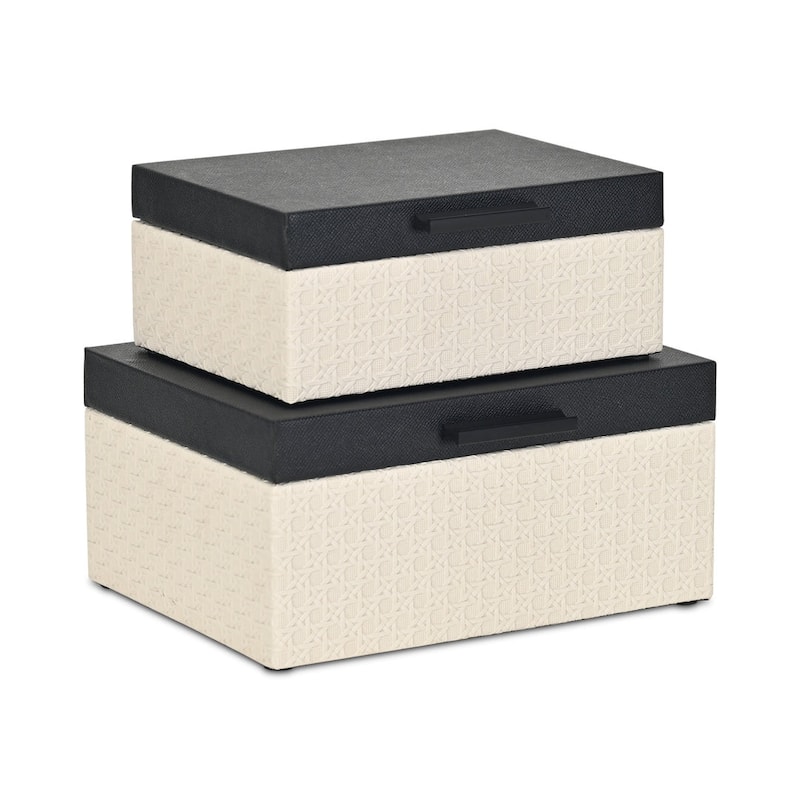 Set Of Two Black And Cream Faux Shagreen And Faux Wicker Jewelry Boxes