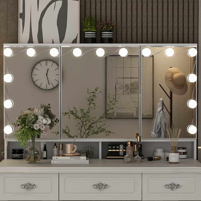 Contemporary Beauty Station - White Vanity Desk Makeup Vanity Dressing - 40.2"Wx54.1"H