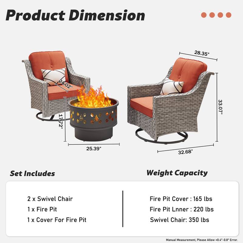 OVIOS 3 Pieces Outdoor Wicker Curved Swivel Chair Set With Fire Table