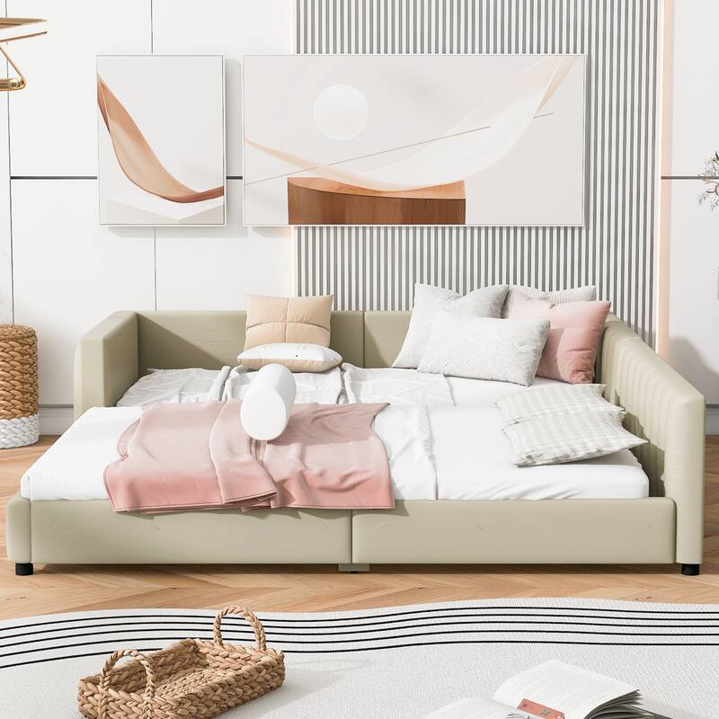 Queen & Twin XL Upholstered Platform Bed, PU Leather, Beige, Mother & Child Design