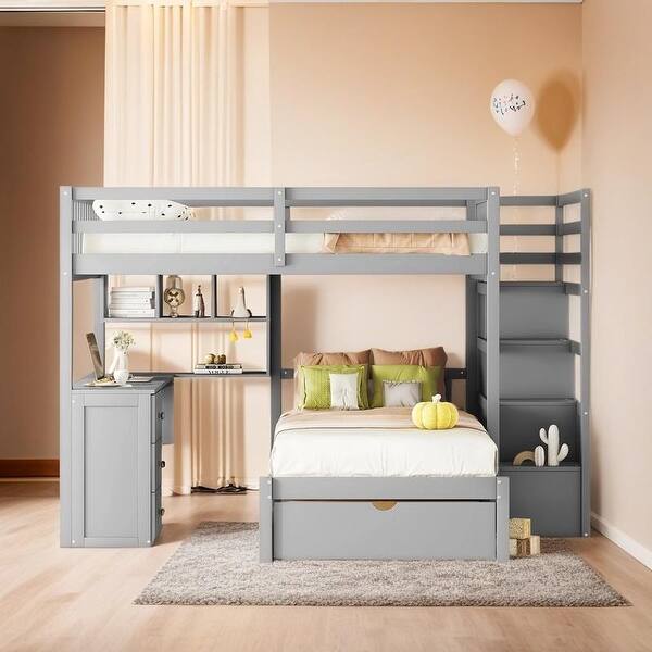 slide 2 of 37, Elegant Full Over Twin Bunk Bed with Desk, Drawers and Shelves, Gray Grey