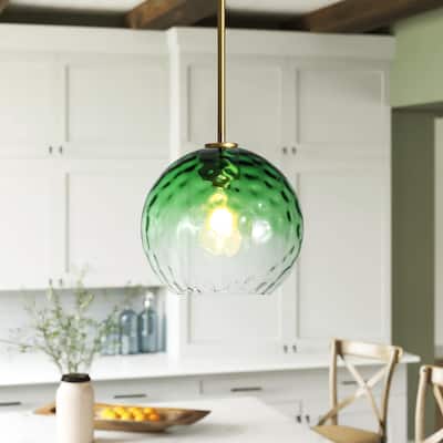1-Light Modern Gold/Black Metal Hanging Pendant with Green Hammer Textured Glass Shade for Kitchen Island, Living room