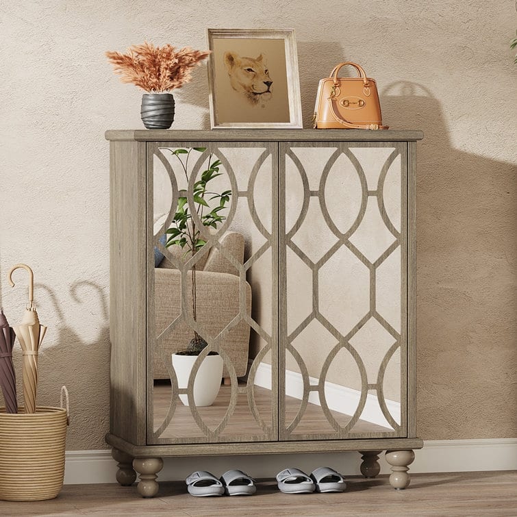 Mirror Shoe Cabinet, 5-Tier Large Wooden Shoe Organizer Cabinet - 31.49" W x 14.17" D x 43.30" H