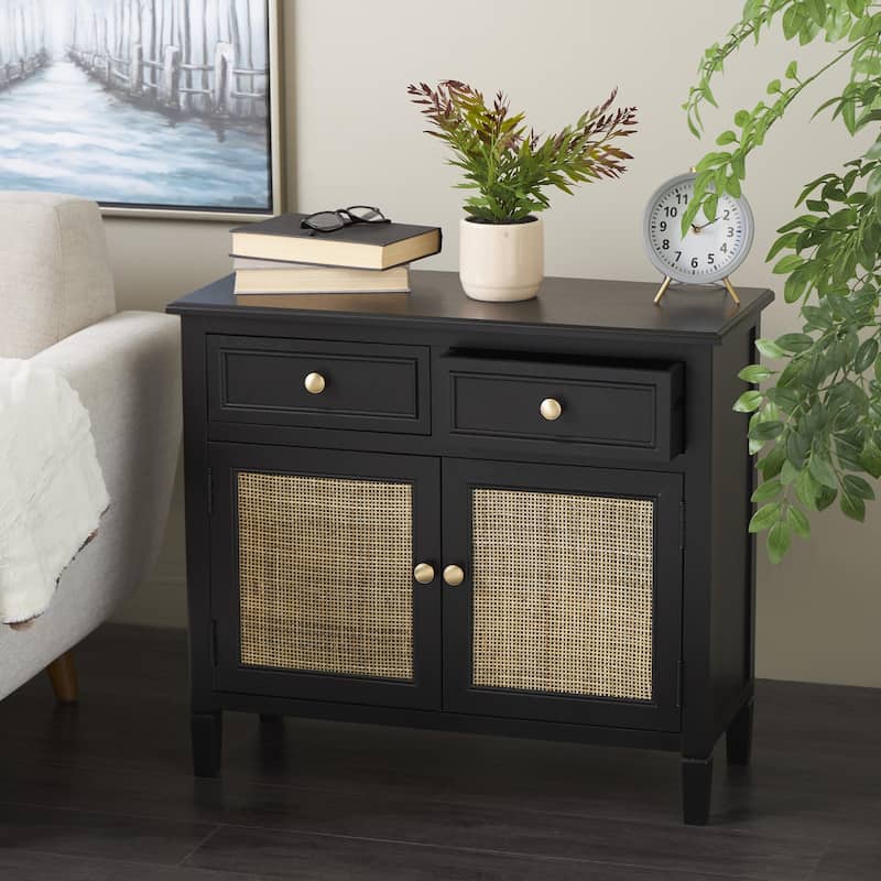 Wood Handmade 2 Door and 2 Drawer Cabinet with Rattan Front - Black - Roche River Decor