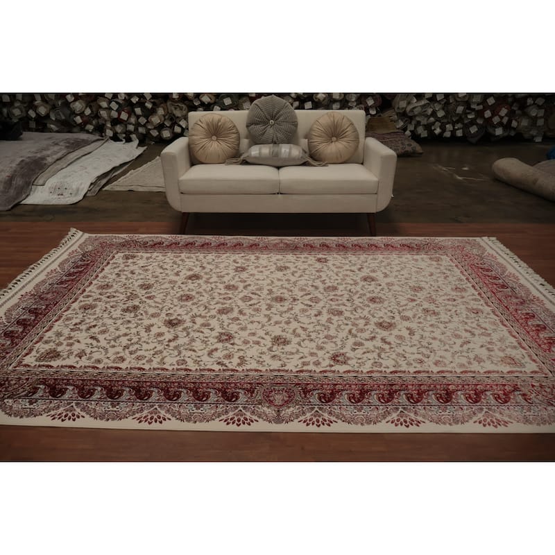Machine Made Oriental 90% Silk - 10% Polyester Carpet Traditional All-Over Beige & Ivories Qum Area Rug - 9' 10'' X 6' 6''