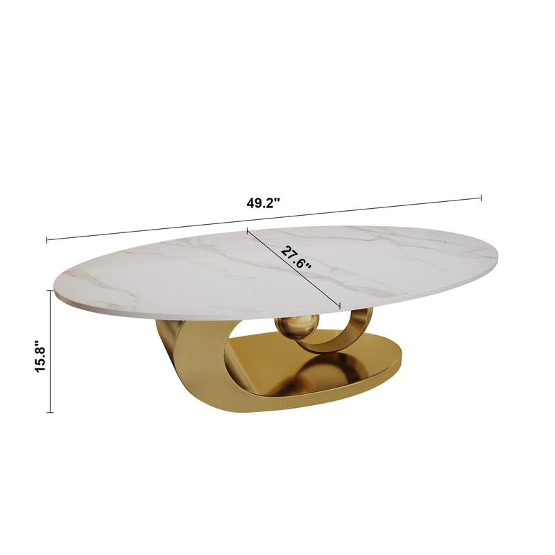 GDFStudio - Contemporary 49.2" Oval Sintered Stone Coffee Table with Sculptural Stainless Steel Base & Anti-tip Adjustable Feet