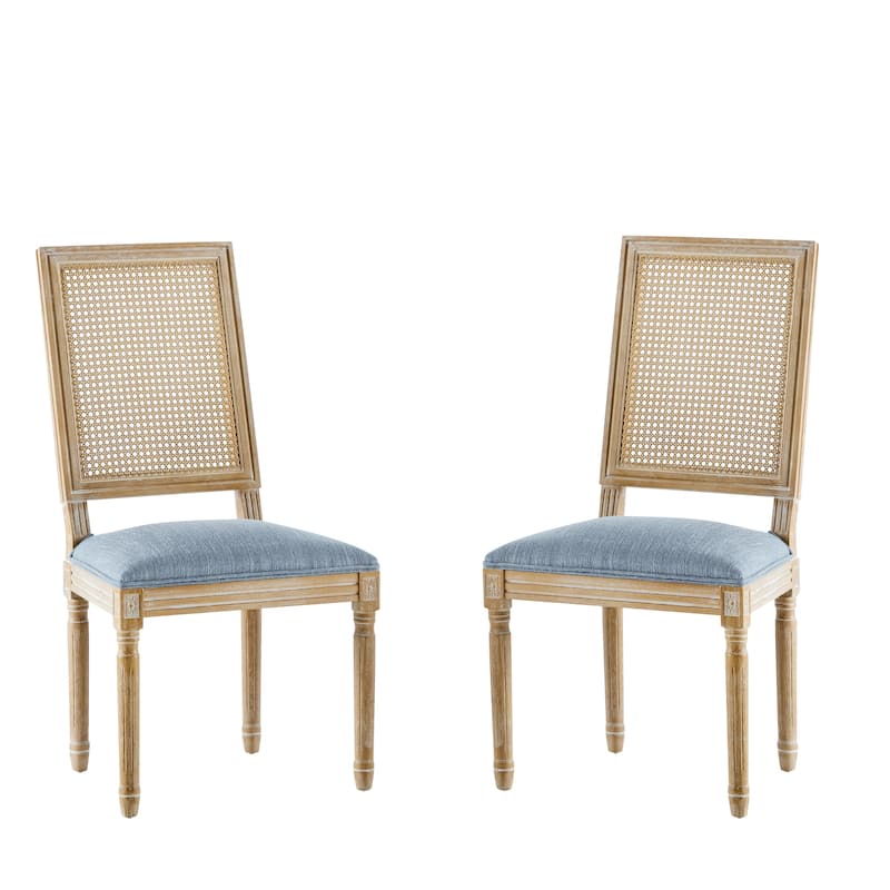 [Set of 2] French Country Dining Chairs - Elegant Cane Backrest & Upholstered Seats with Fluted Legs- Solid Rubberwood Frame