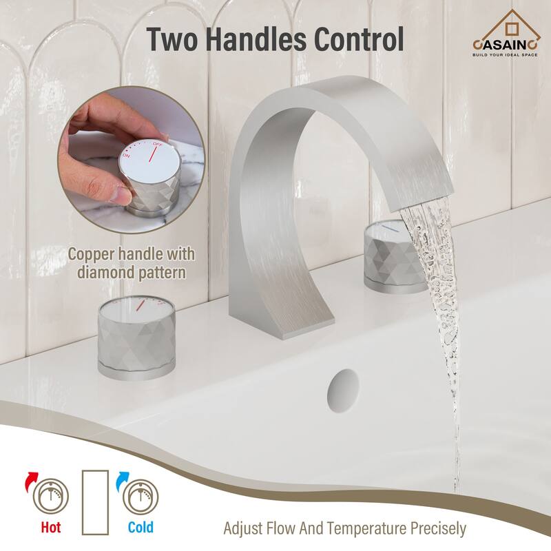 8 in. Widespread Double-Handle C-Arc Waterfall Deck-Mount Bathroom Faucet with Drain Kit