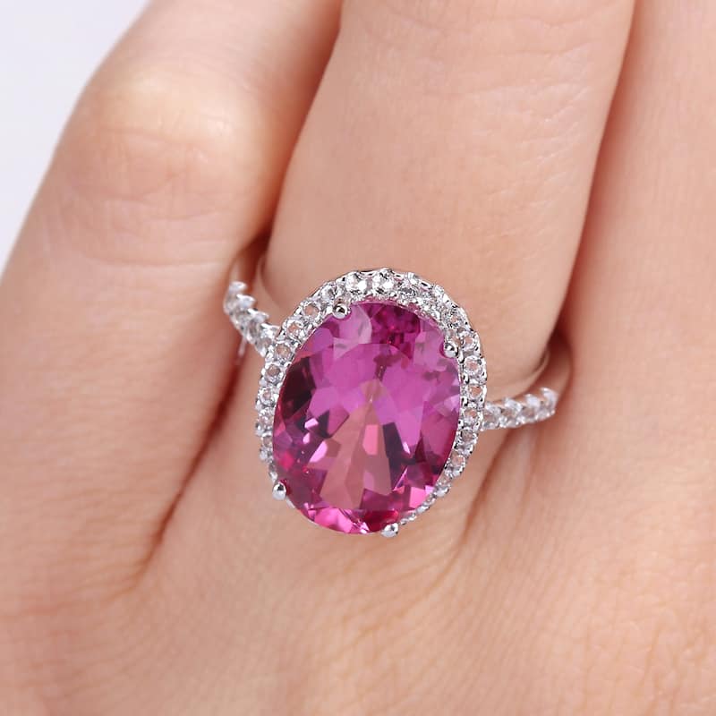 Miadora Oval-cut Pink and White Topaz Halo Cocktail Ring in 14k White Gold
