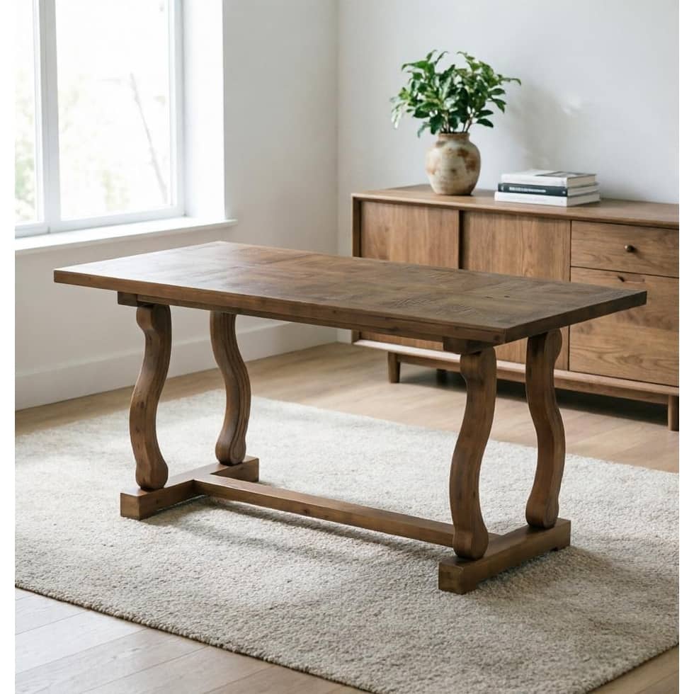 63" Solid Wood Dining Table for 4-6, Diamond Parquetry Top and S-Scroll Legs