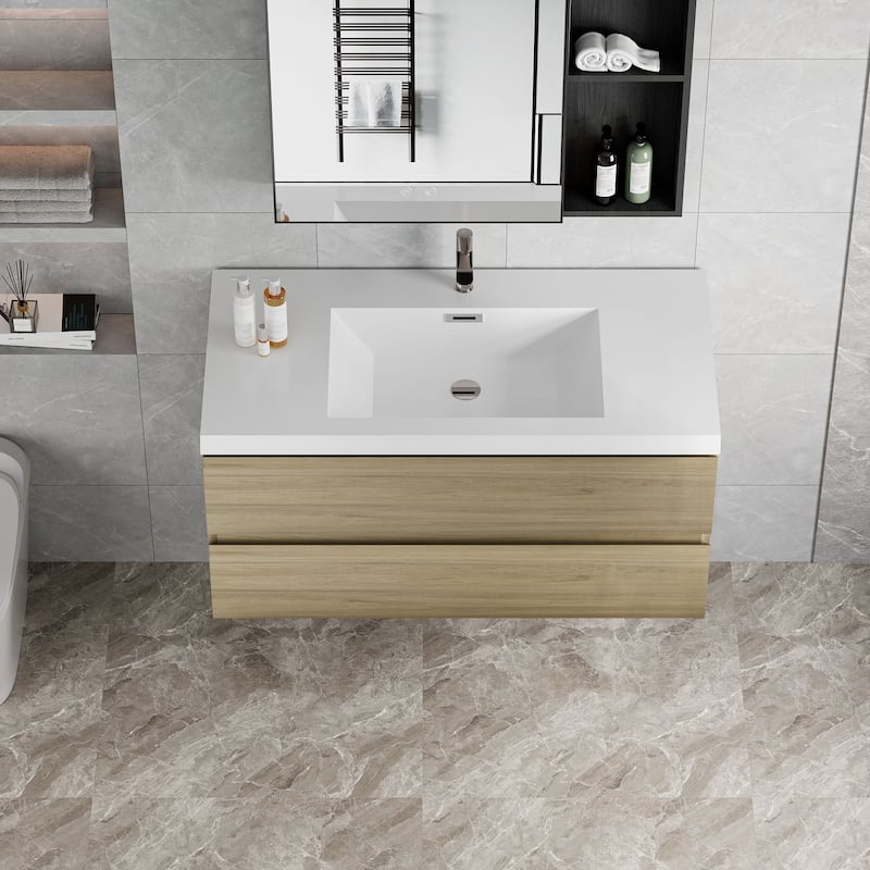 42" Floating Bathroom Vanity with Sink - Ash Grey Wall-Mounted Cabinet, Resin Countertop, Soft-Close Drawers