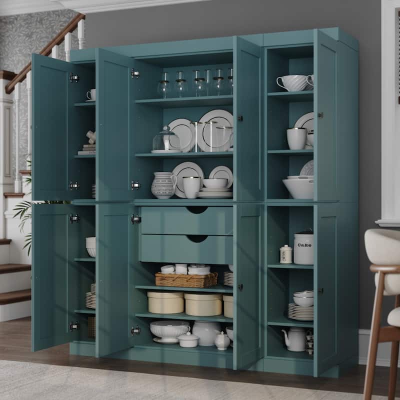 Palace Imports 100% Solid Wood 65" Pantry Cabinet with Shaker Doors, 2-Drawers and Adjustable Shelves - Aqua Blue