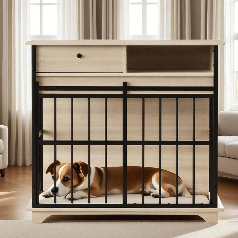 Dog Crate Furniture with Drawer & Sliding Door, Decorative Pet Kennel End Table for Medium Dogs, Wooden Dog Crate with Tray