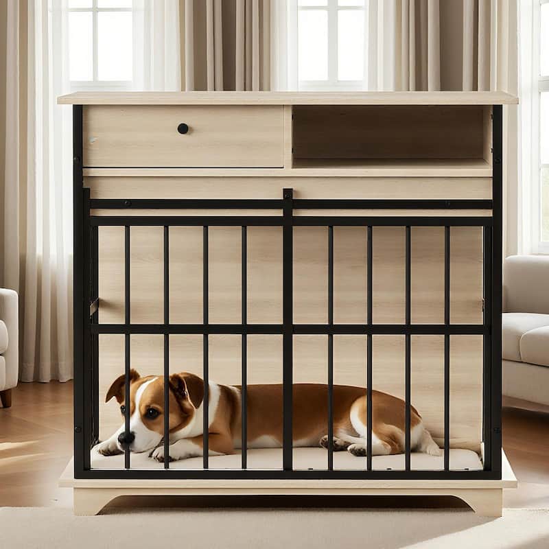 Wooden Dog Kennel Furniture Dog Crate Furniture with Drawer and Solid Wood Top, Side Storage Compartment