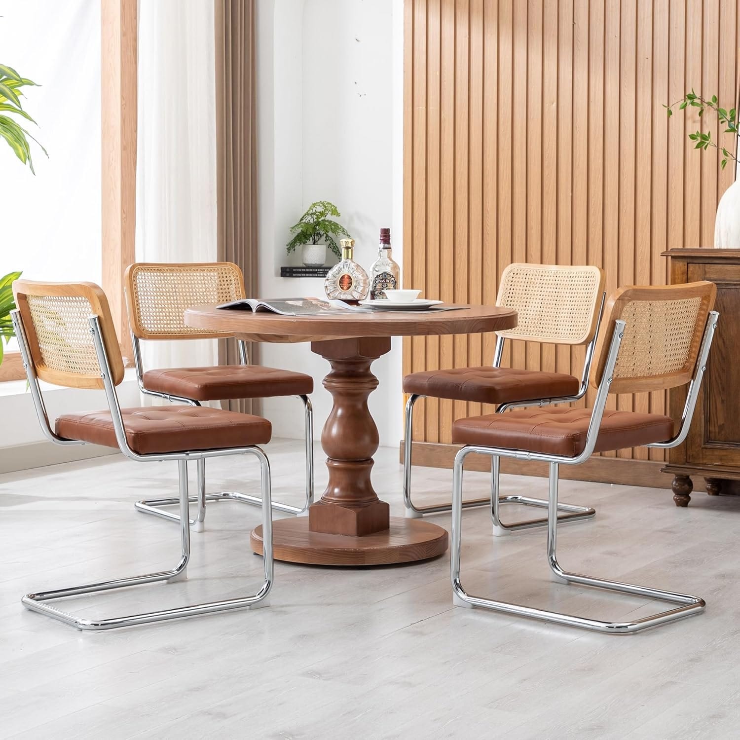 Mid Century Modern Dining Chairs Set of 4, Faux Leather Rattan Kitchen Side Chairs with Metal Legs, Brown