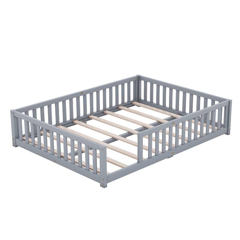 Twin/Full/Queen Size Floor Bed with Safety Guardrails for Kids, Wood Montessori Bedframe w/ Door, Children's Noiseless Beds