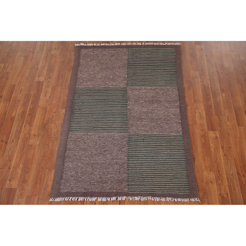 Striped Brown/ Green Kilim Oriental Area Rug Flatweave Wool Carpet - 3'5"x 5'1"