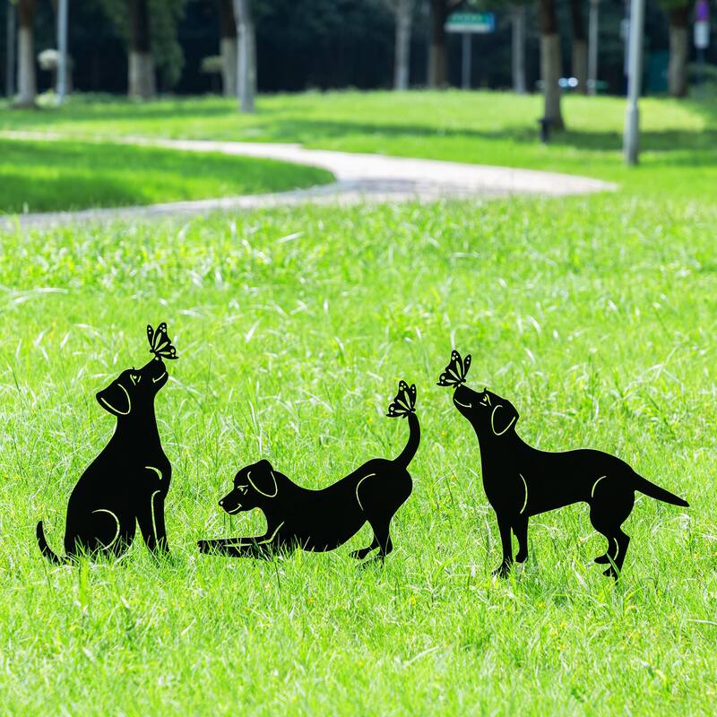 Glitzhome 2-in-1 Black Metal Cat Rabbit Duck Dog Silhouette Yard Stakes Wall Decor (Set of 3)
