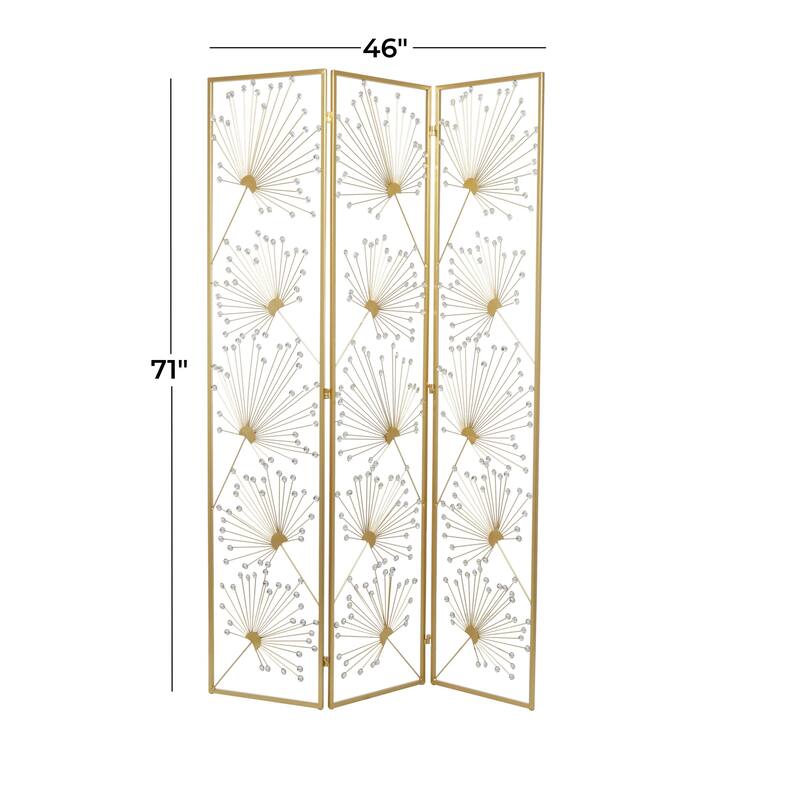 Gold Metal Hinged Foldable Partition 3 Panel Floral Partition Room Divider Screen with Crystal Embellishments - 46 x 1 x 71