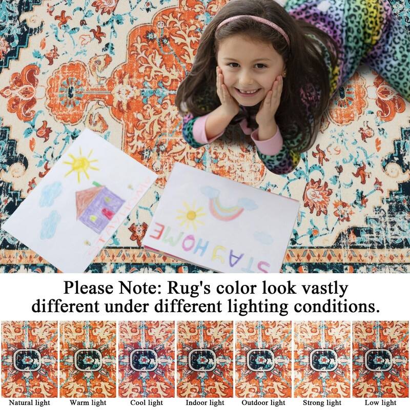 Boho Vintage Area Rug Machine Washable Low Pile Soft Floor Carpet