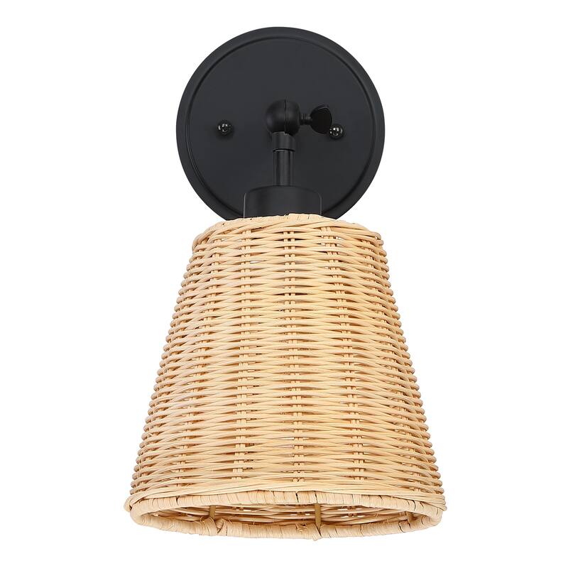 1-Light Boho Natural Rattan Hardwired Wall Sconce with Adjustable Swivel Swing Arm