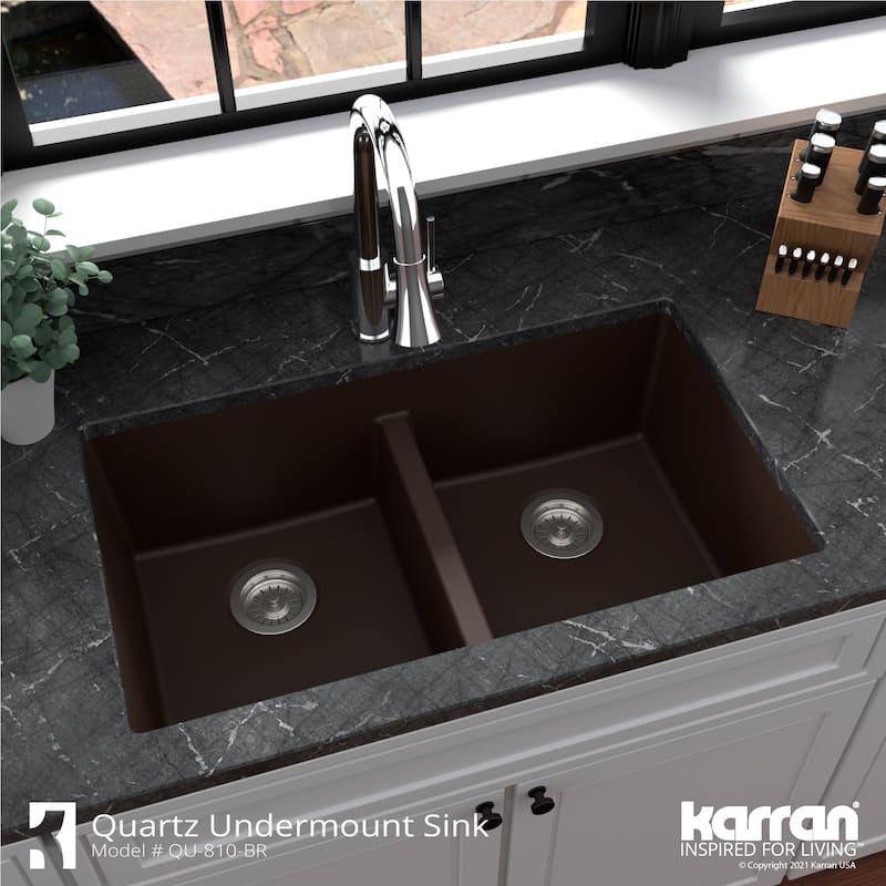 Karran 32" Undermount Double Equal Bowl Quartz Kitchen Sink Kit - 32" x 19.5" x 9"