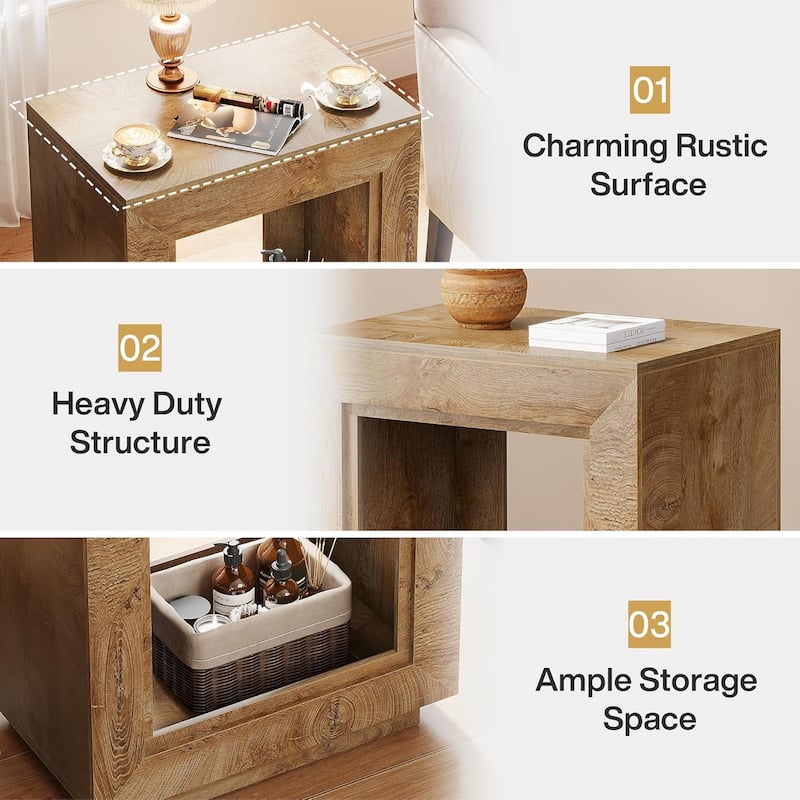 24" Rustic 2-Tier End Table, Side Table with Storage Shelf, Sofa Nightstand for Living Room, Bedroom, Entryway