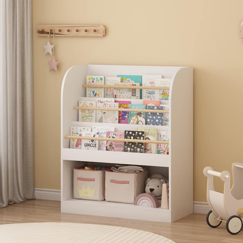 Anmytek 3-Tier Kids Bookcase with Storage Bin, Front-Facing Display for Toddlers, White with Wooden Guardrails