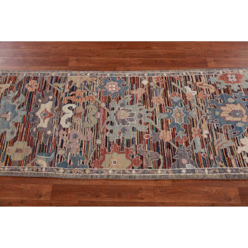 Hand Knotted Oriental 100% Wool Carpet Transitional Floral Multi-Colored Oushak Runner Rug - 19' 4'' X 2' 5''