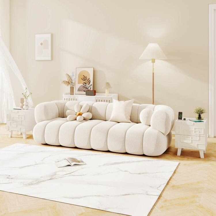 White Nightstand with 3D Geometric Drawer, 2 Drawers and Modern Design