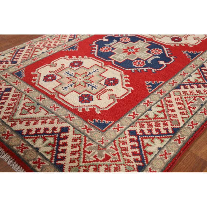Geometric Kazak Foyer Rug Handmade Red Traditional Wool Carpet - 2'8"x 4'2"