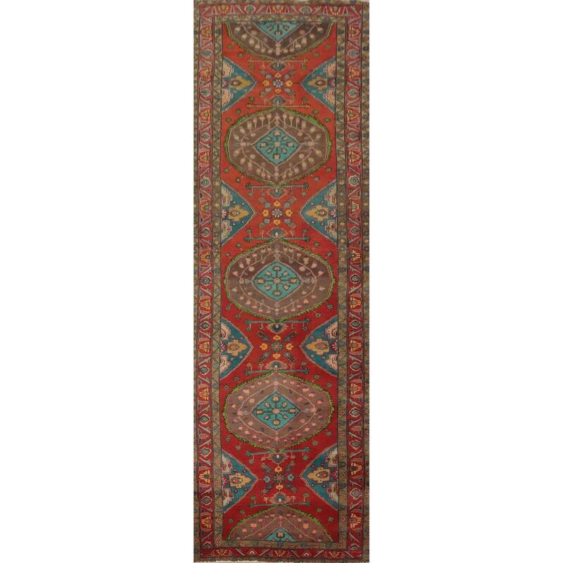 Hand Knotted Oriental 100% Wool Carpet Traditional Geometric Oranges & Rust Tabriz Runner Rug - 13' 3'' X 3' 3''