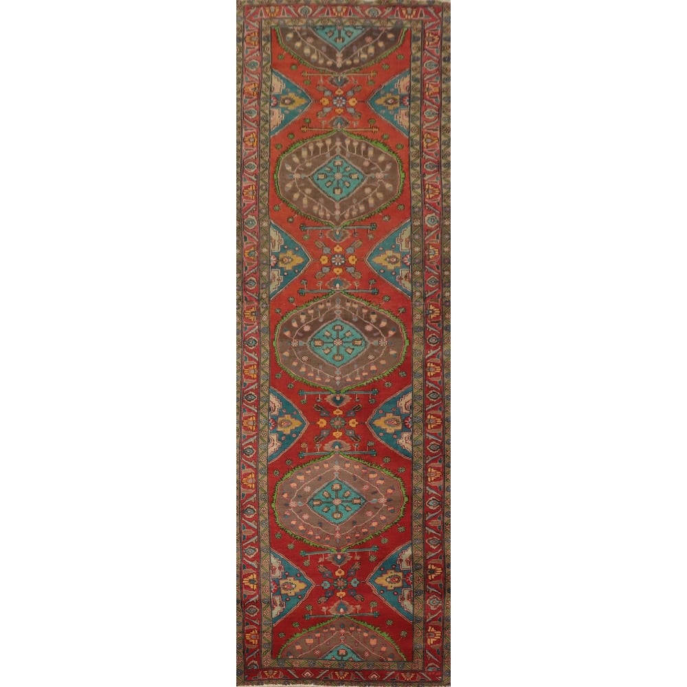 Hand Knotted Oriental 100% Wool Carpet Traditional Geometric Oranges & Rust Tabriz Runner Rug - 13' 3'' X 3' 3''