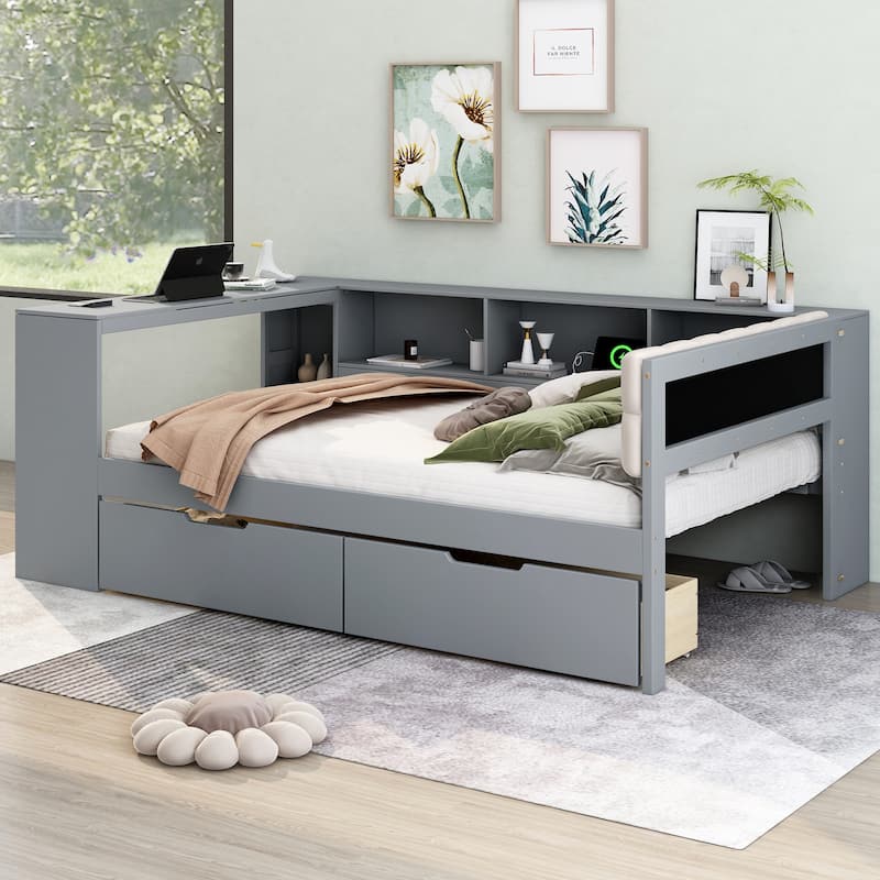 Wood Twin&Full Size Platform Bed with Storage Shelves, Drawers, Charging Station and Upholstered Headboard