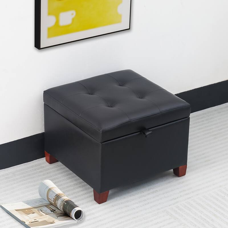 Adeco Faux Leather Tufted Flip Top Storage Ottoman - Satin Black-Faux-Leather