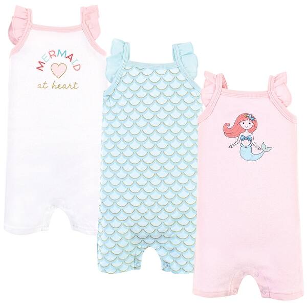slide 1 of 1, Hudson Baby Infant Girl Cotton Rompers, Coral Mint Mermaid 0 - 3 Months - Pink