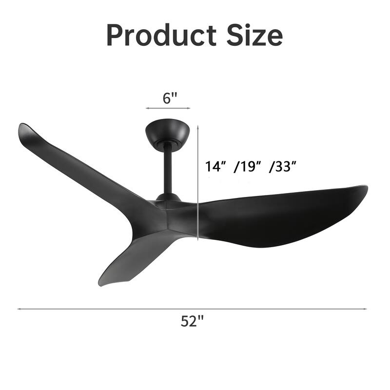 52 Inch Indoor Ceiling Fan No Light, 3 Curved ABS Blades Fan, 6 Speeds Reversible Quiet DC Motor Ceiling Fan
