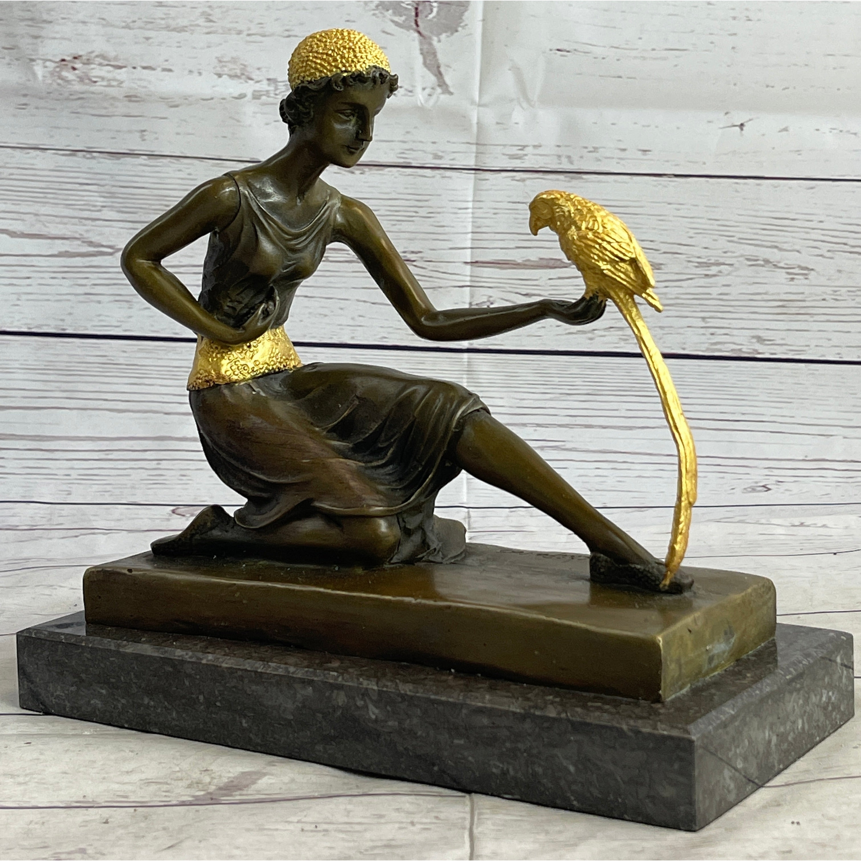 Bronze Art Nouveau Deco Sculpture Deco Girl W/ Parrot By Chiparus Home Decor