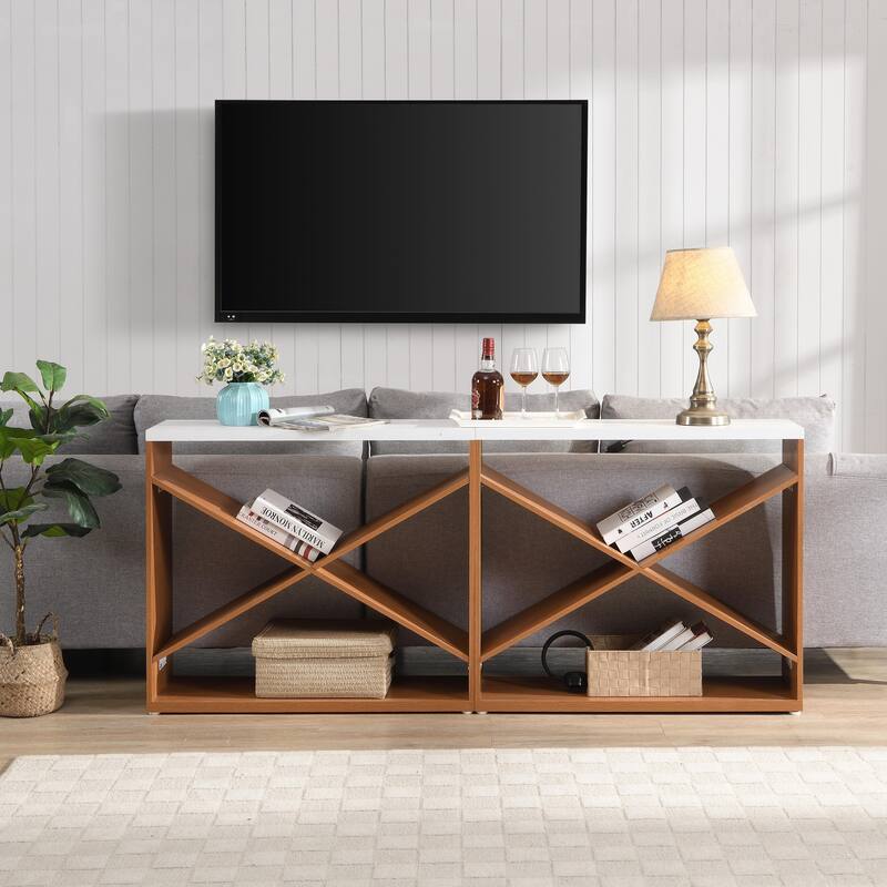 70.87" Entryway Sofa Table, X Shaped Detachable Console Table with Storage, 2 PC Free Combination Living Room Side Table - White+Natural