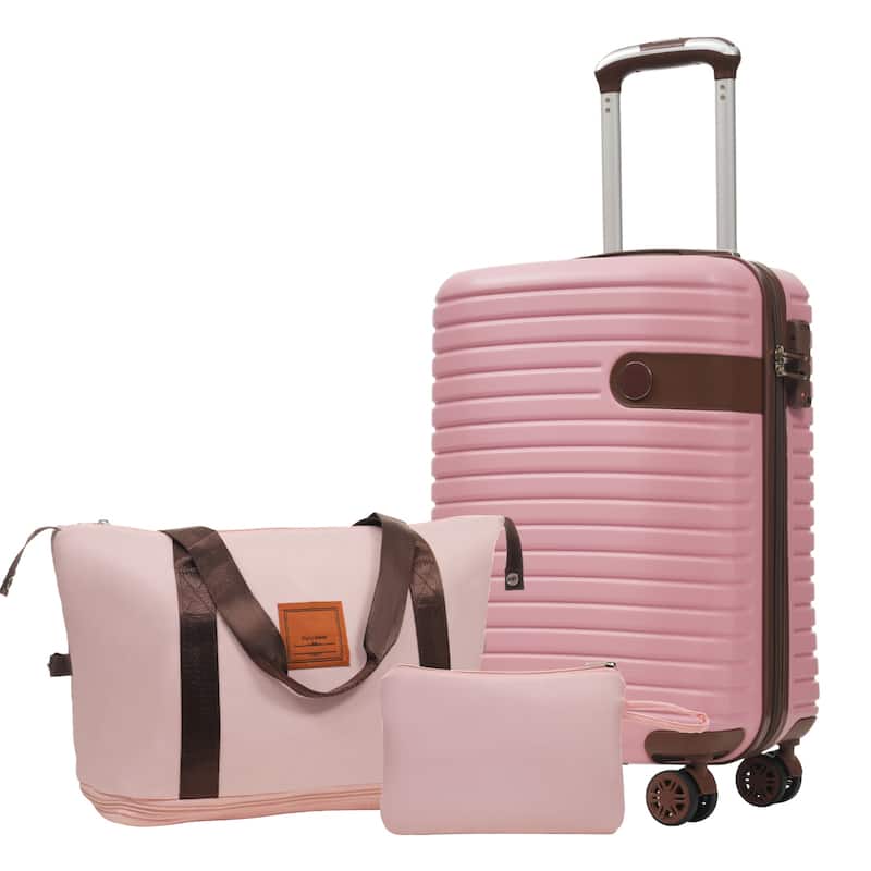 3 Piece Carry on Luggage Set, ABS Hardshell Lightweight Durable Suitcase with Wheels and Duffel Bag & Toiletry Bag, for Travel - Pink