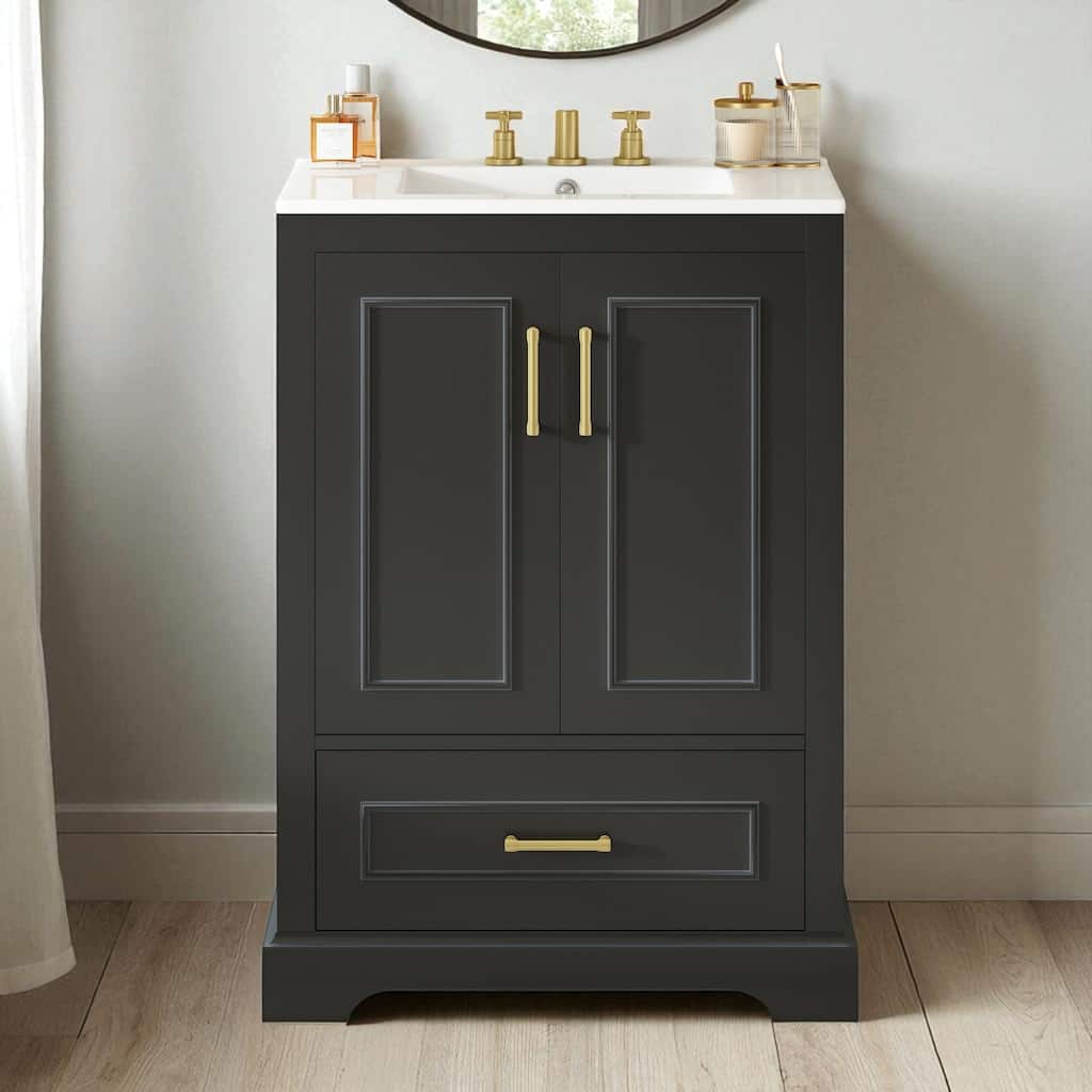 24" Bathroom Vanity with Sink, Solid Wood Frame & MDF, 1 Divided Drawer, 2 Soft-Close Doors with Dual Door Racks