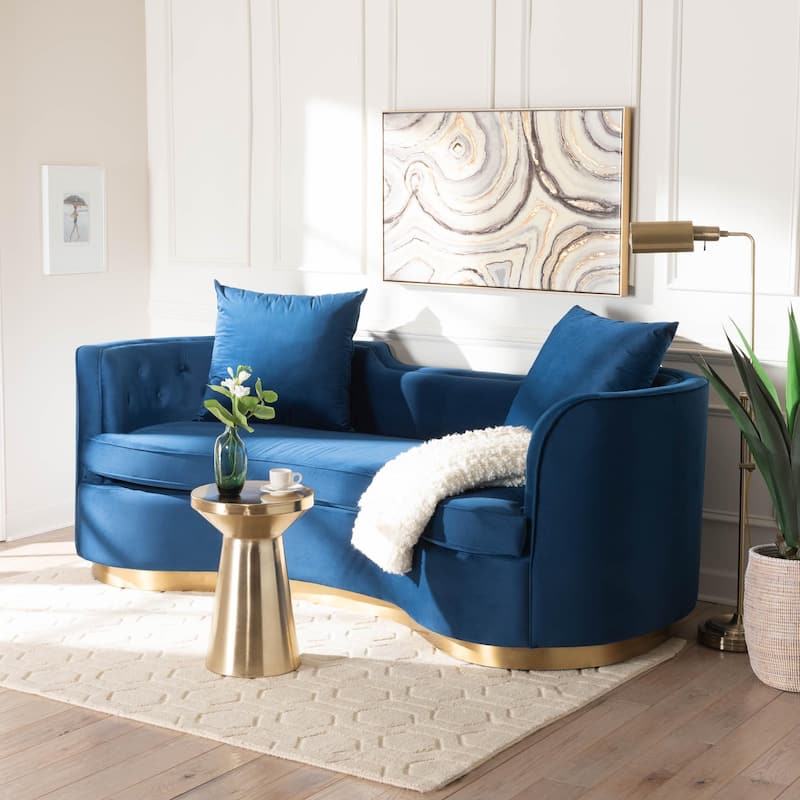 Deserae Glam and Luxe Navy Blue Velvet and Brushed Gold Metal Sofa
