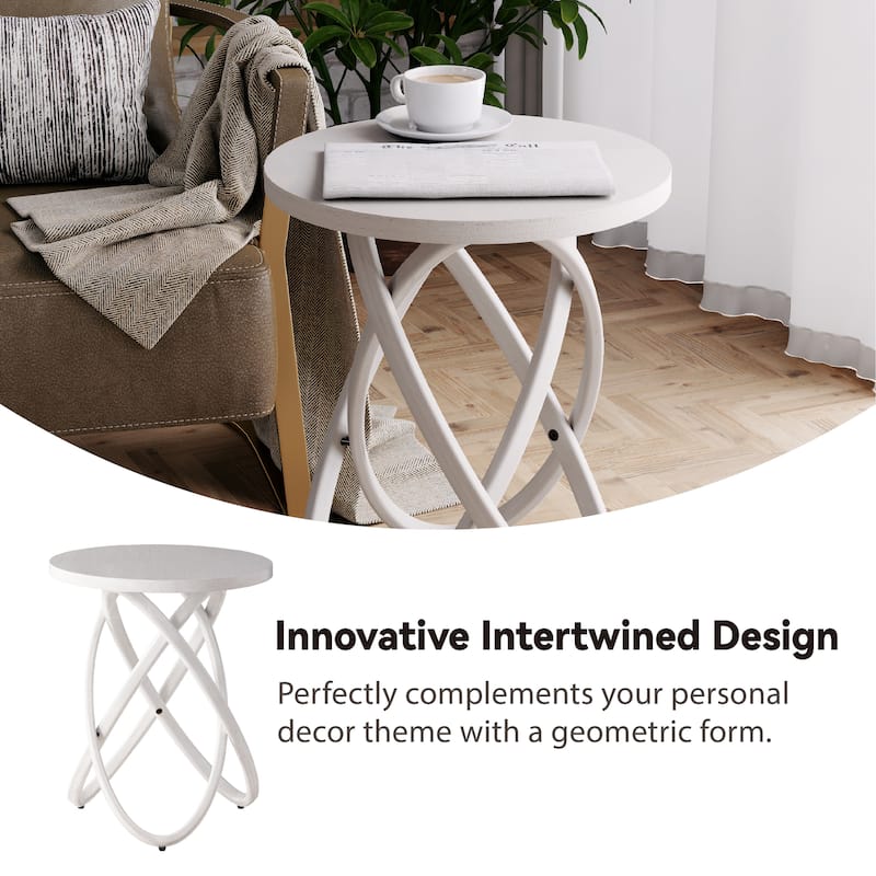 COZAYH Farmhouse End Table Round Wood Side Table Rustic Plant Stand With Intertwined Line Design