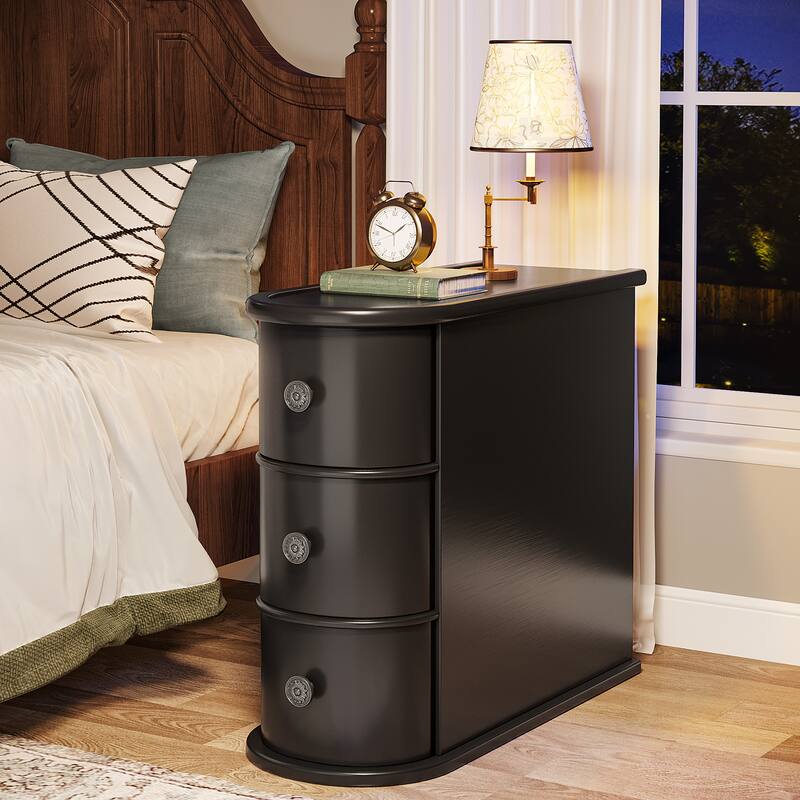 2 Drawer Narrow Side Table, Wood End Table - 1 PCS- 3 Drawers - Black
