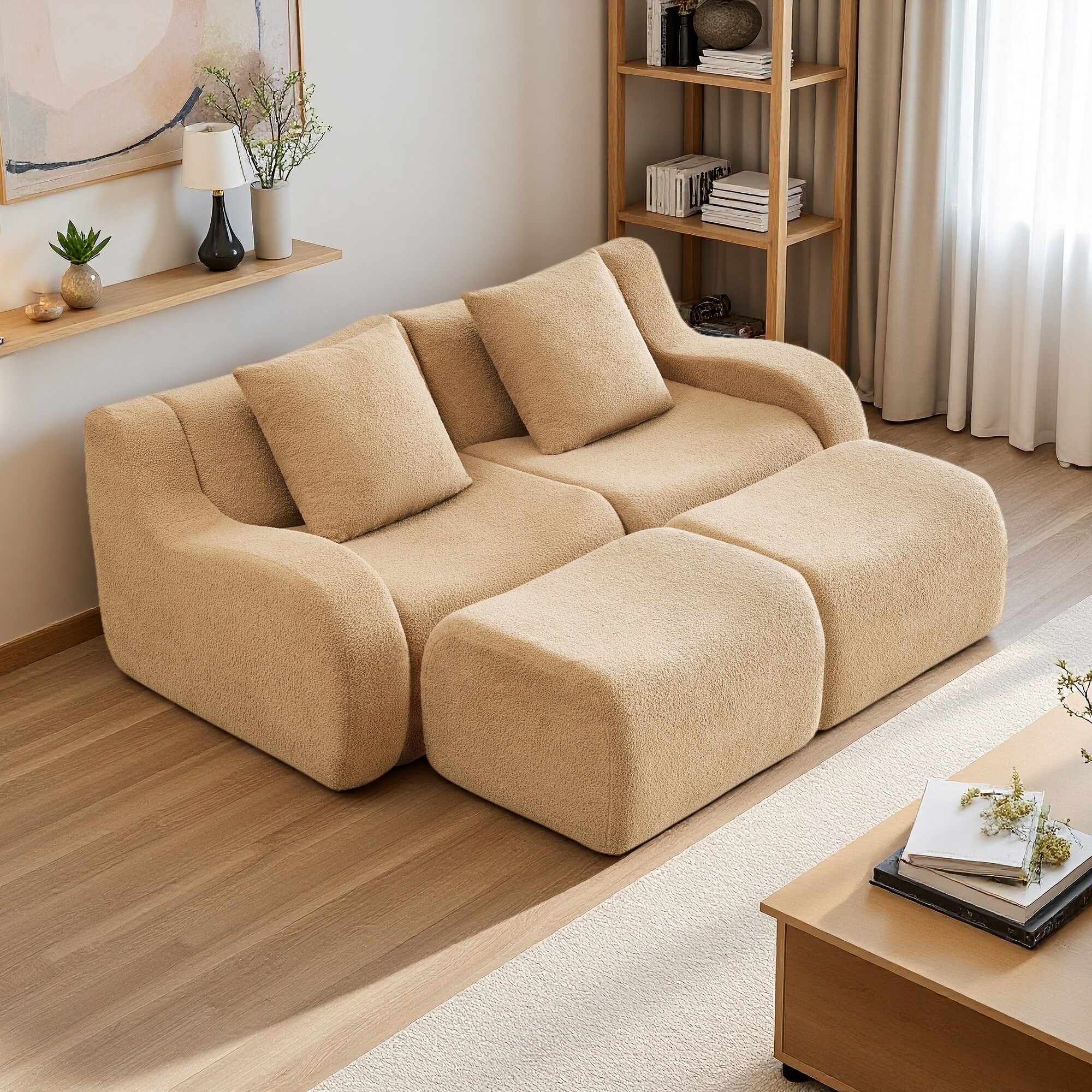 82.7" Teddy Fabric Modular Sofa with Chaise Lounge, No Assembly Required and Anti-Slip Design