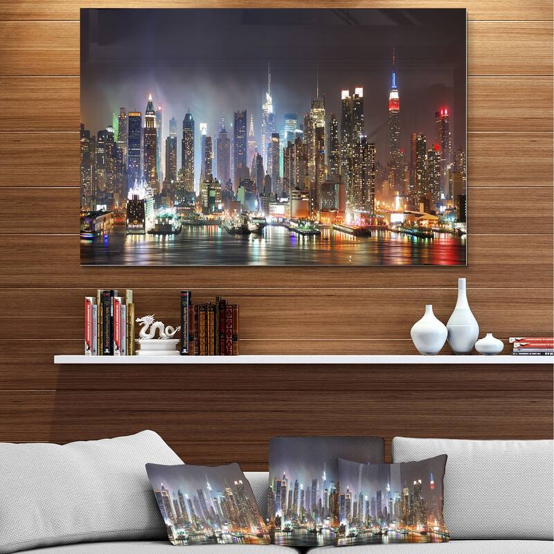 Designart 'Lit NYC Manhattan Skyline' Cityscape Photo Metal Wall Art