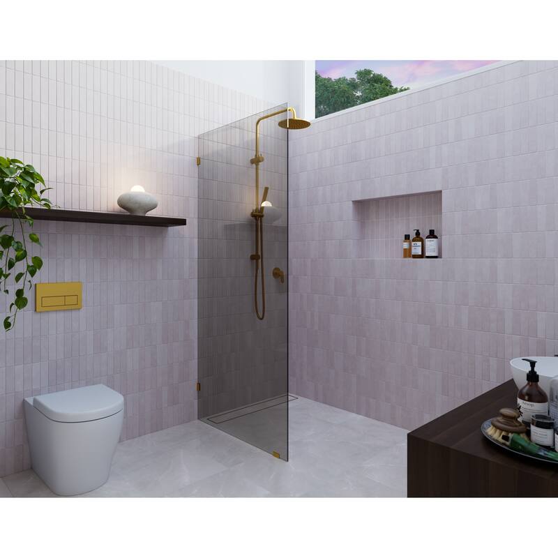 Ursa 30 in. x 78 in. Fully Frameless Glass Shower Panel - Single Fixed Panel with Gray Tint - Satin Brass